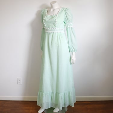 1970s Green Prairie Dress - S/M 