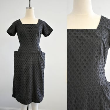 1950s Contessa Black Eyelet Cotton Dress 