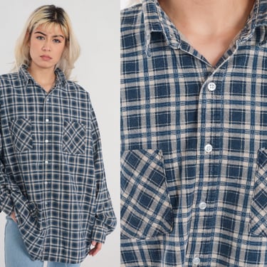 Blue Plaid Shirt 90s Flannel Button up Shirt Retro Grunge Lumberjack Long Sleeve Boyfriend Checkered Print Top Vintage 1990s Mens xxl 2xl 