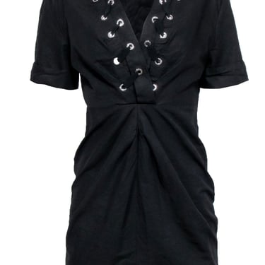 Sandro - Black Short Sleeve Lace Up V-Neckline Dress Sz 4