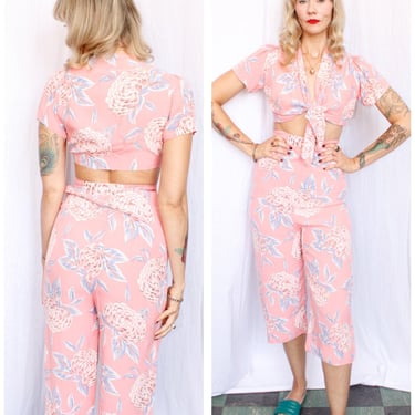 1940s "Nu Fashion" Floral Cold Rayon Lounge Pant Set - Xsmall 