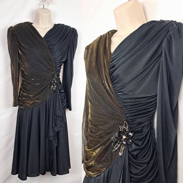 Vintage 80s Black & Gold Metallic Dress, Size Large 