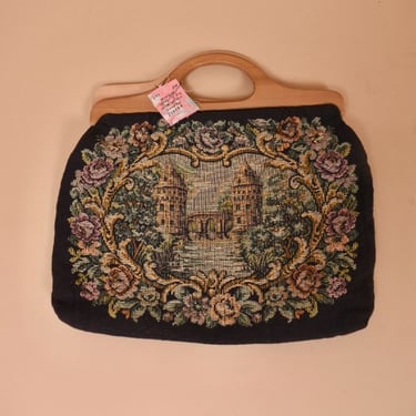 Black Medieval Scene Tapestry Bag with Wooden Handles