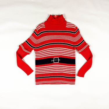 1970s Holiday Christmas Sweater / Turtleneck / Illusion Short Sleeves / Tromp L'oiel / Knit Belt / Optical Illusion / Kitschy / 70s / Santa 