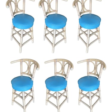 Restored Rattan Bar Stools with Hour Glass Seat Back, Set of 6 
