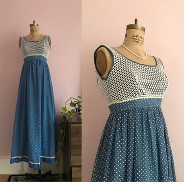1960's Size 00 Slate Blue and White Polka Dot Maxi Dress 