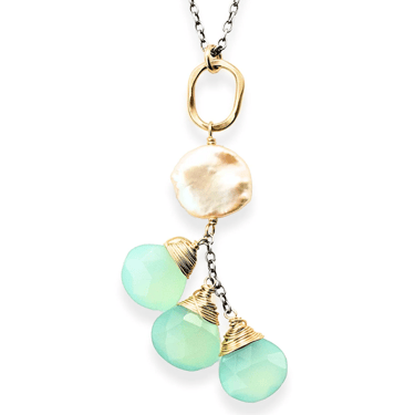 J&I Jewelry | 14k Goldfilled Aqua Chalcedony + Pearl Necklace
