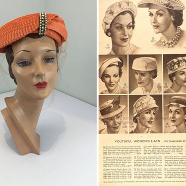 The Towne Gossip - Vintage 1950s Carrot Orange Straw Structured Hat w/Veil 