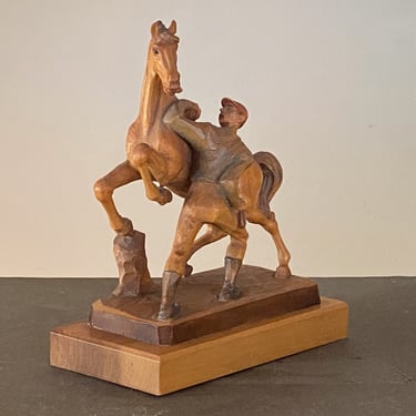 Vintage Anri Wood Horse and Jockey Sculpture Made in Italy 
