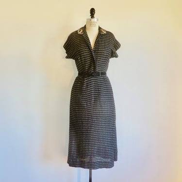 1950's Black and Metallic Gold Striped Wool Boucle Knit Sweater Dress Beaded Collar Sheath Style Pin Up Rockabilly 28" Waist Size S/M 