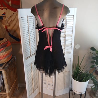 Vintage Betsey Johnson Black n Pink Mini Dress/ Babydoll Gown / Back Ruffle / L 