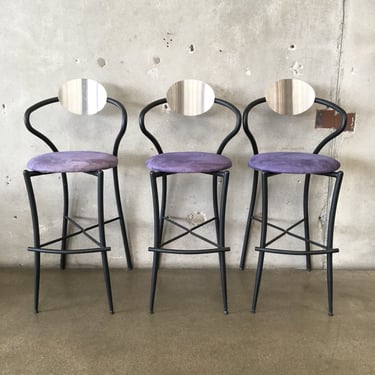 Set of Three Post Modern Purple, Silver, Black Barstools