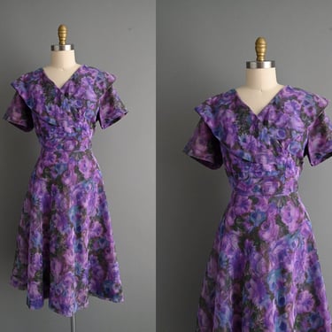 1950s vintage dress | Purple Floral Dress | XL | 