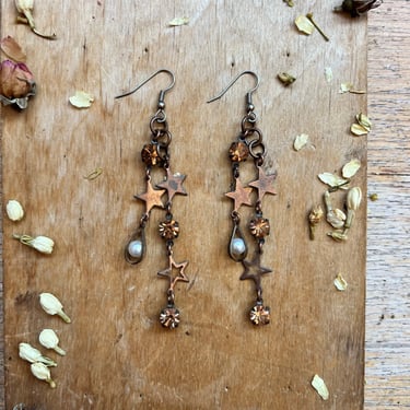 Handmade Copper Star Earrings Celestial Holiday Jewelry Rhinestones 