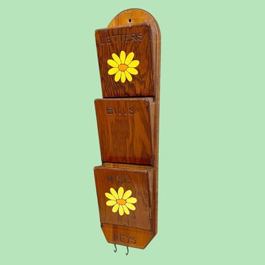 Vintage Wall Organizer Retro 1970s Bohemian + Brown Wood + Holds Letters/Bills/Misc + Painted Daisy Flower + Key Hooks + Entryway Wall Decor 