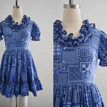 1960s Blue Bandana Printed Square Dance Dress 