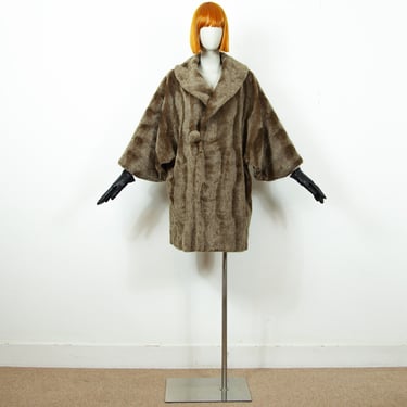 Vintage 1960s Beige Faux Fur Kimono Coat Big Collar Size M UK 12-14 