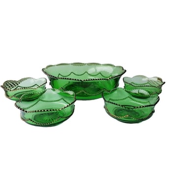 Antique 1910s Northwood Emerald Green Glass Desert Bowls Five Piece Set, EAPG 