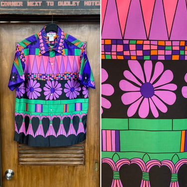 Vintage 1970’s Size L “Tori Richard” Mod Tiki Disco Poly Hawaiian Shirt, 70’s Psychedelic, Vintage Clothing 