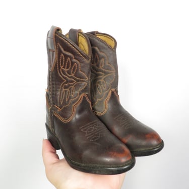 Vintage 70s Kids Brown Leather Cowboy Boots Size 7 