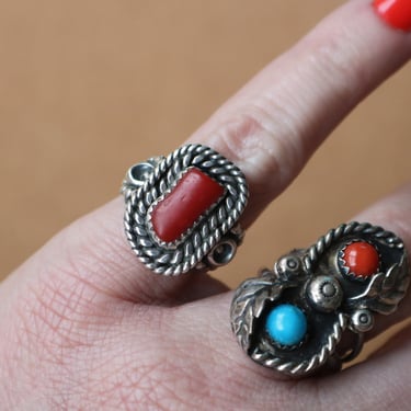 Sterling Coral Ring/ Vintage Navajo Jewelry / Size 5 Red Coral Toby Henderson Ring 