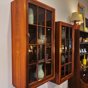 Two Floating or Floor Quality Gorgeous Rosewood Glass Cabinets by Bruksbo