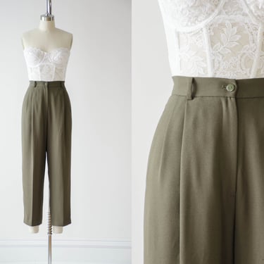 high waisted pants | 80s 90s vintage olive forest green dark academia style pleated trousers 