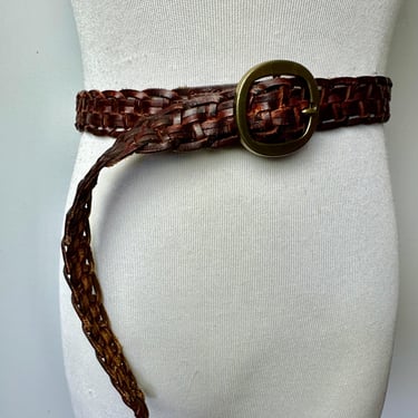 80’s mahogany brown braided leather belt~ Unisex androgynous style woven~ brass buckle~ open size /Large 