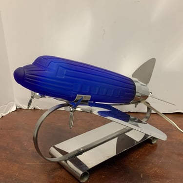 Vintage 1978 Cobalt Blue Glass Art Deco Dekota DC3 Airplane Lamp Desinged by Sarsaparilla Deco Designs 
