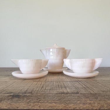 Vintage Akro Agate Little American Maid Light Pink Mini Children's Teapot Sugar Bowl and Creamer 
