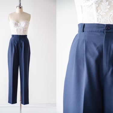 high waisted pants | 80s 90s vintage navy blue dark academia pleated straight leg trousers 