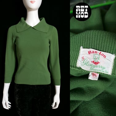 Cute Vintage 50s 60s Olive Spring Green Collared Sweater Top by Glengarry 