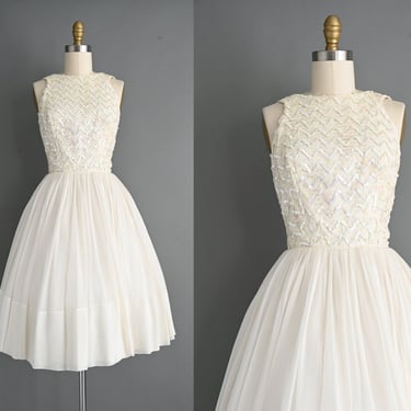 vintage 1950s dress | Gorgeous Iridescent sequin white chiffon full skirt dress | Small 
