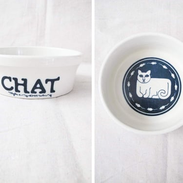 Vintage Taylor Ng Chat Cat Food Bowl - 1979 White Blue French Ceramic Pet Bowl - Animal Lover Cat Lady Gift 