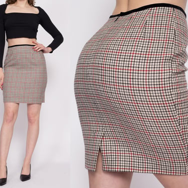 90s Plaid Wool Mini Pencil Skirt - Small, 27" | Vintage Velvet Trim Fitted High Waisted Preppy Schoolgirl Miniskirt 