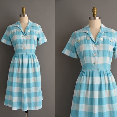 vintage 1950s Dress | Classic Turquoise Blue Plaid Print Short Sleeve Cotton Day Dress | Medium 