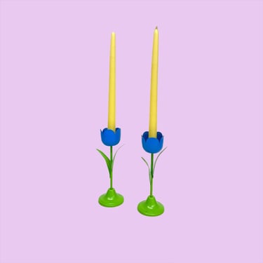 Vintage Candlestick Holders Retro 1960s Mid Century Modern + Metal Tulips + Flowers + Set of 2 + Blue and Green + Candle Holders + MCM 