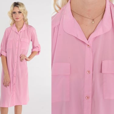 Pink Silk Dress 80s Shirtdress Bubblegum Pink Shift Dress Button Up Midi Button Tab Sleeve 1980s Secretary Vintage Shirt Dress Medium Large 