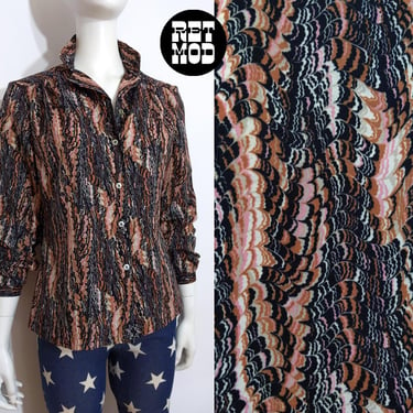 Unique Vintage 70s Black & Dusty Pink Pulled Feather Marbled Patterned Long Sleeve Button Down Blouse 