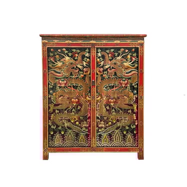 Tibetan Style Golden Double Dragons Graphic Credenza Storage Cabinet ws4618E 