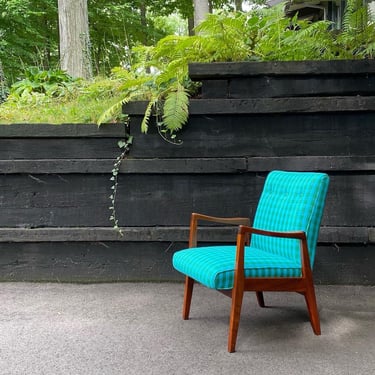 Midcentury Modern Arden Riddle Studio Craft solid Walnut Lounge Chair with New Old Stock Green and Blue Check Fabric, ca. 1960 