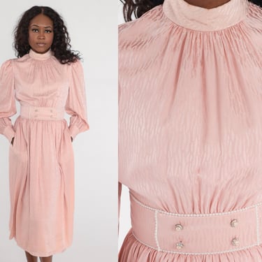 80s Dress Shiny Baby Pink Embossed Dress Midi Puff Sleeve Dress Pocket Pearl Beaded Party Secretary High Waisted 1980s Vintage Silk Small 