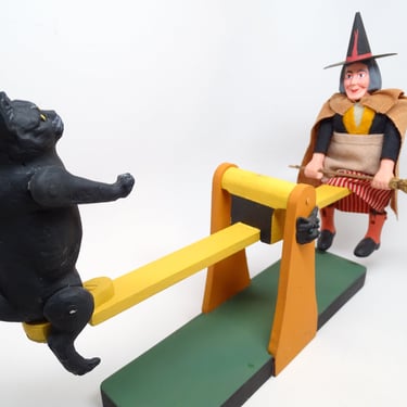 Vintage Halloween Witch with Hat & Broom and Black Cat on Wooden Seesaw Toy 