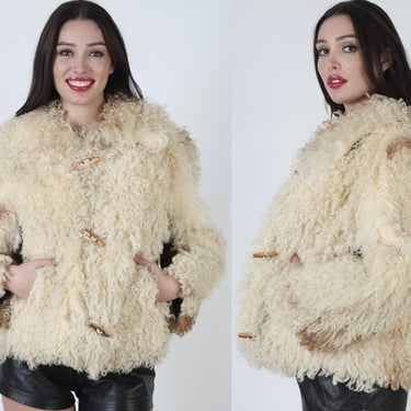 Mongolian Fur Coat / Plush Ivory Tibetan Lamb Jacket / Brown Shaggy Curly Natural Overcoat / Bohemian Womens Winter Spotted Print 