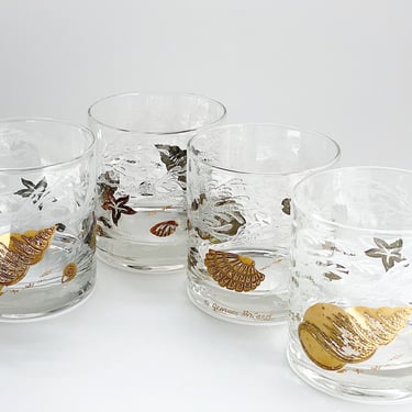 Vintage whiskey glasses by Georges Briard, Textured gold sea shell bourbon rocks glasses, Coastal grandma home bar decor 1970s glassware 