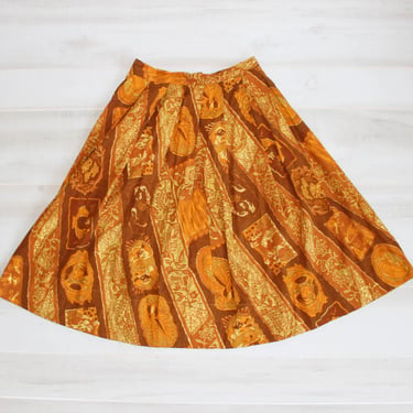 Vintage 50s Skirt, 1950s Full Skirt, Novelty Print Skirt, High Waisted Skirt, A Line Skirt, Yellow, Orange, Fall 
