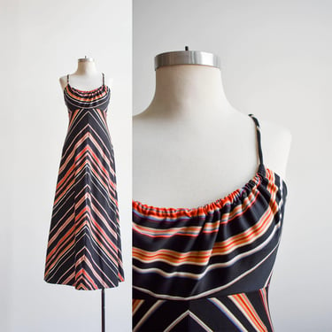 1970s Black Striped Halter Maxi Dress 