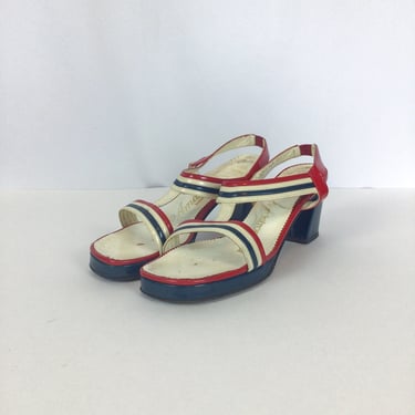Vintage 70s Shoes | Vintage red white blue peep toe high heels | 1970s Amano sandals 