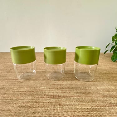 Vintage Pyrex Ware Clear Jars with Green Lids - Set of 3 