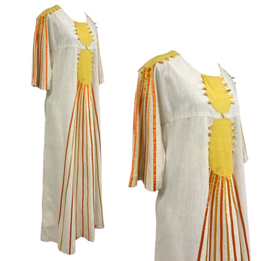 Vtg Vintage 1960s 60s Mexican Designer Sunshine Sun Cotton Appliqué Maxi Kaftan 